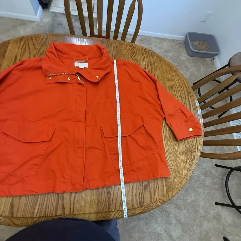 Michael Kors Womens Cropped Canvas Jacket 3X Bright Orange Zip Front Cotton